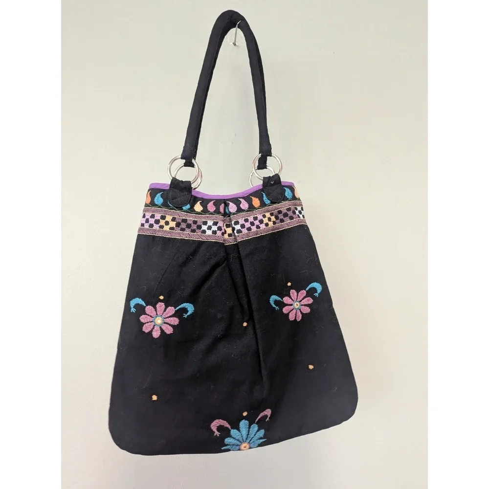 Black Floral Embroidered Cotton Tote‎ India Boho Hippie Shoulder Bag